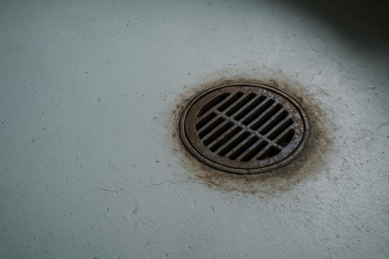 A round cast iron floor drain set into a painted basement slab, its grate darkened with age and a faint tide line of dried silt around it