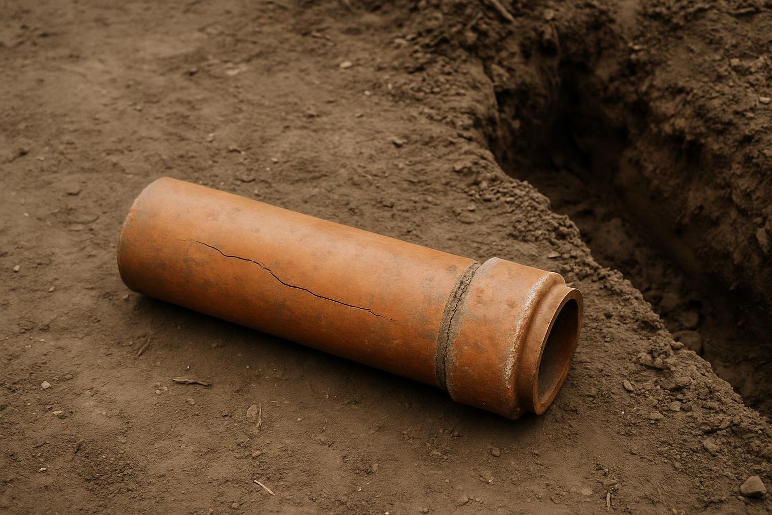 A short length of old orange vitrified clay sewer pipe lying on bare soil beside an open trench, its mortared bell joint visible and a crack along the barrel