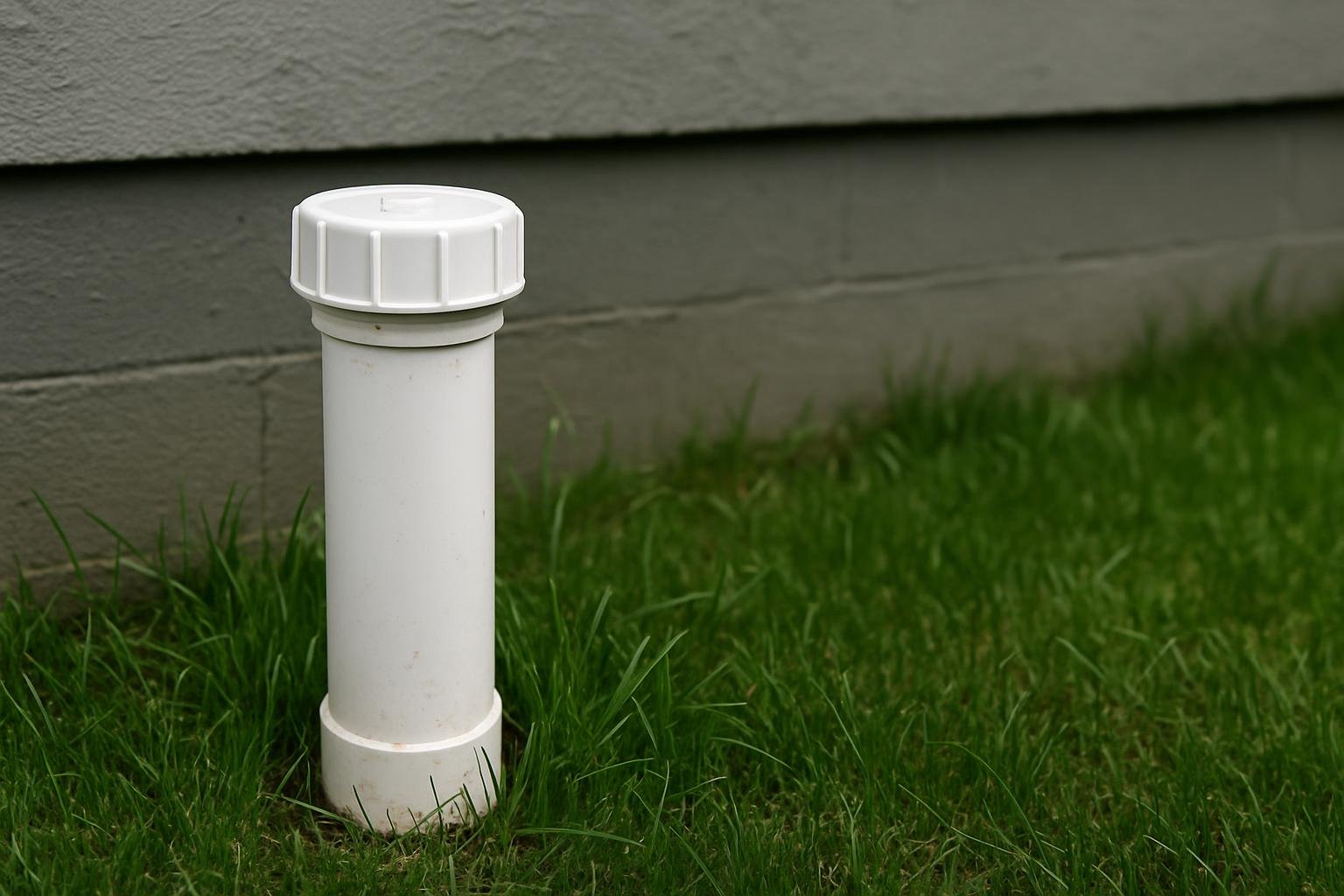 A white plastic sewer cleanout riser and screw cap standing just above the grass beside a house foundation, the lawn grown close around it