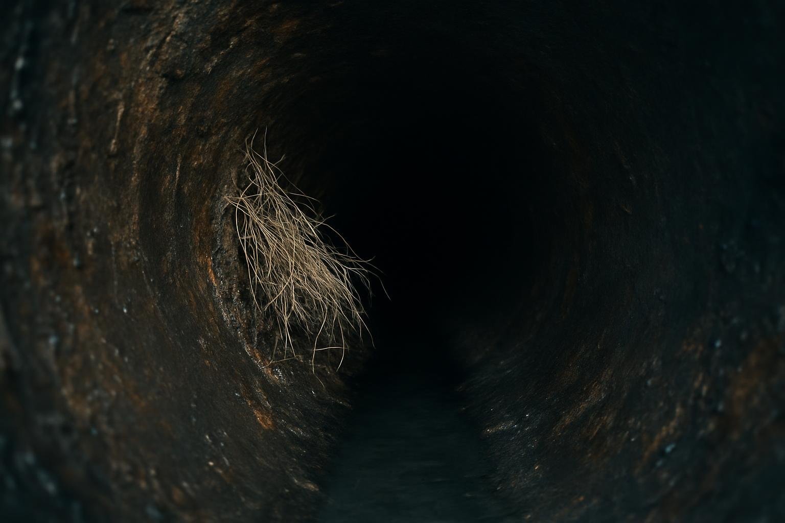 The inside of an old sewer pipe looking down its length, with a fine mat of pale tree roots pushing through the wall and shallow water standing in the invert