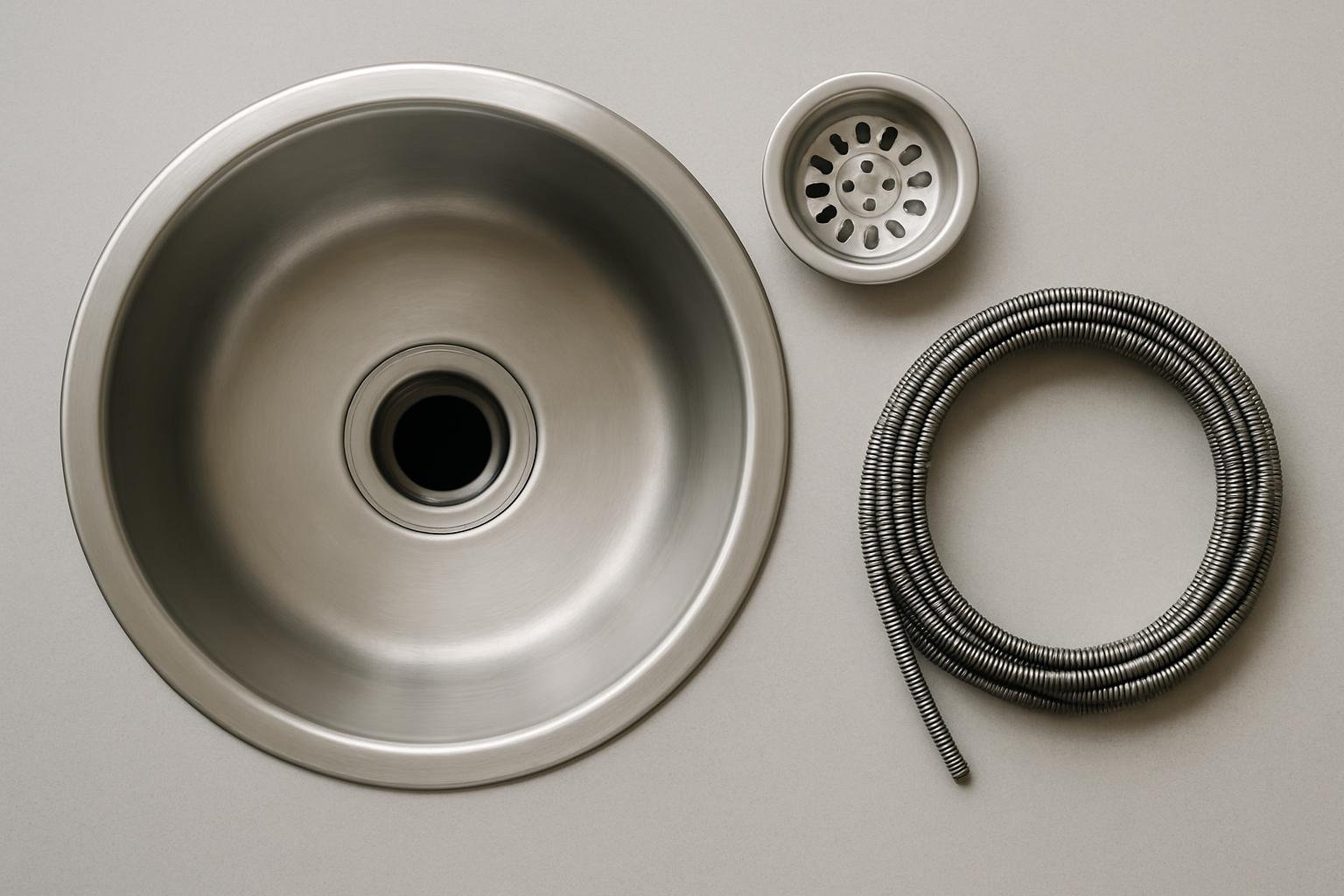 Overhead view of a stainless steel kitchen sink with the strainer basket lifted out onto the counter and a coil of drain cable lying beside it