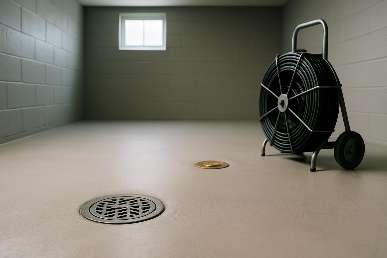 A cast iron floor drain set flush in the painted concrete floor of a dry basement, with a brass cleanout cap in the slab behind it and a wheeled drain cable reel standing to one side