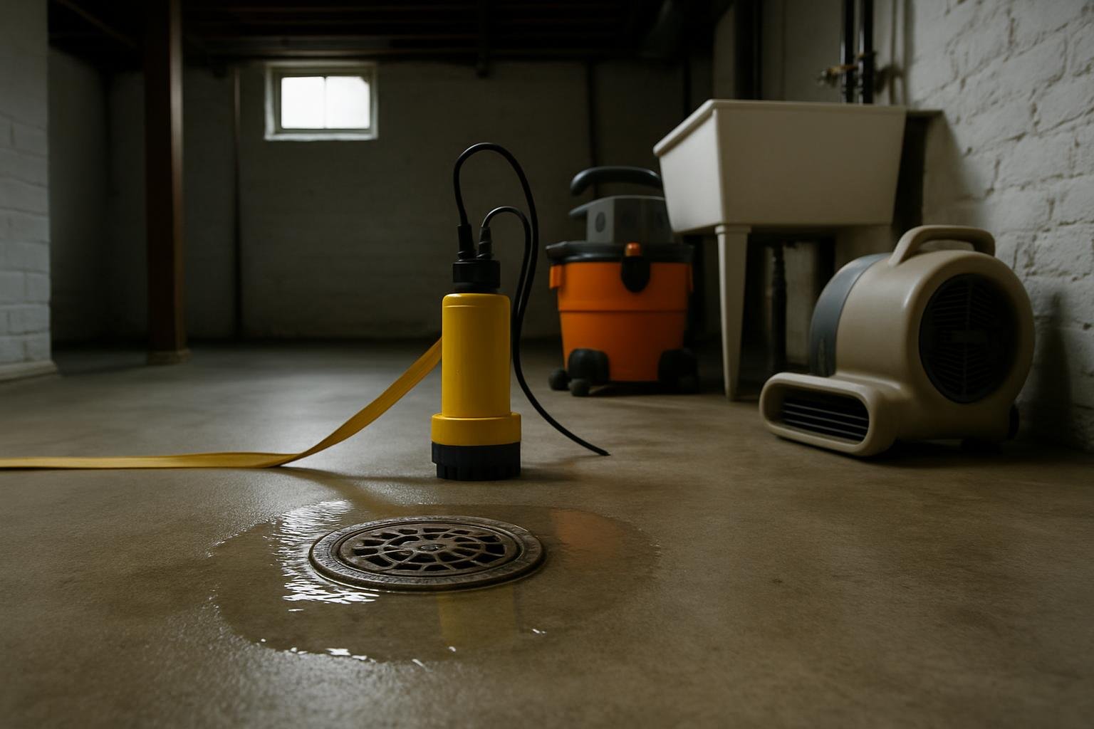 A basement floor drain with a submersible pump beside it on a flat discharge hose, a shop vacuum and a drying fan standing on the damp concrete floor