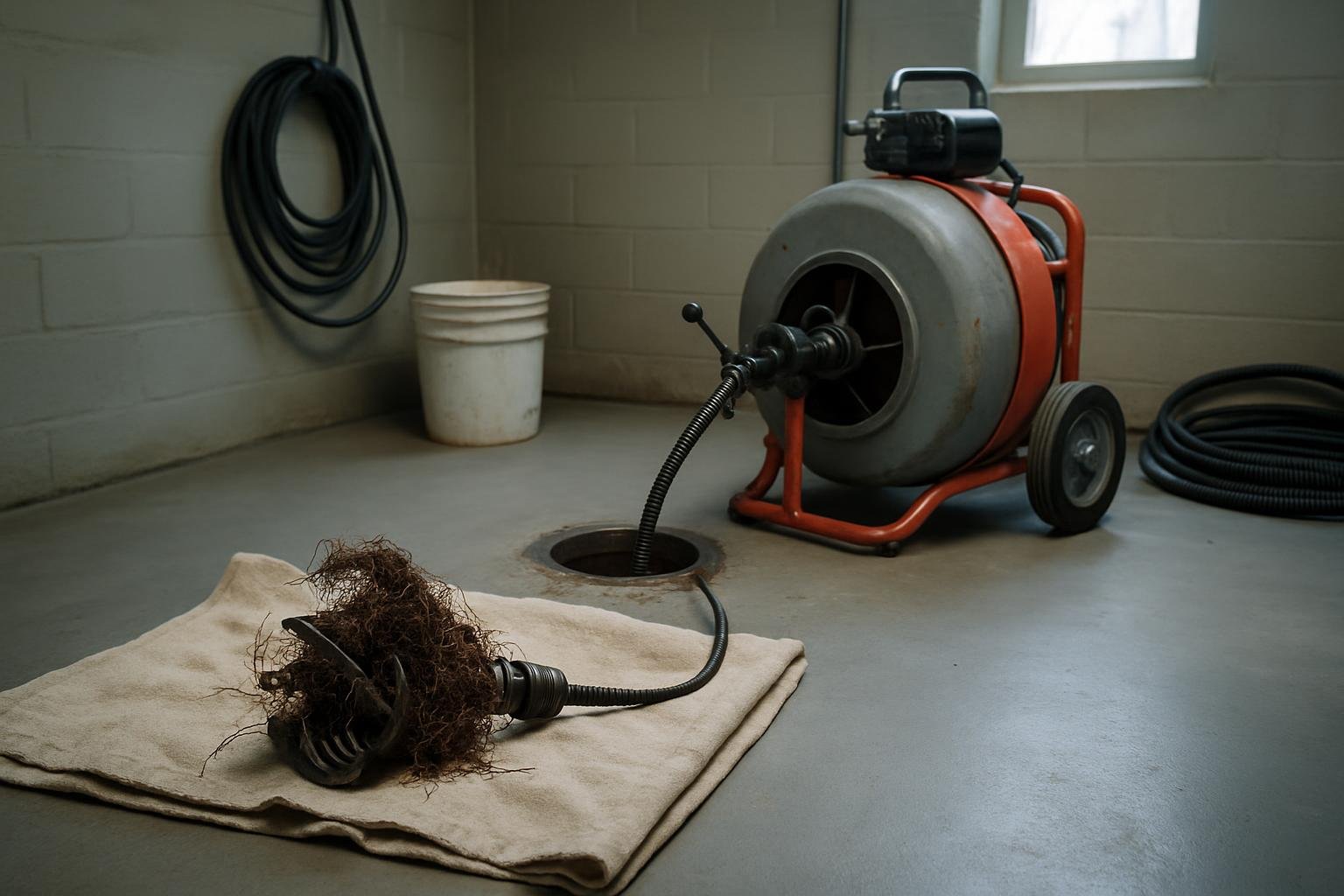 A drum drain cleaning machine feeding steel cable into an opened basement floor cleanout, with a root cutter head and a tangle of severed tree roots on a drop cloth in the foreground