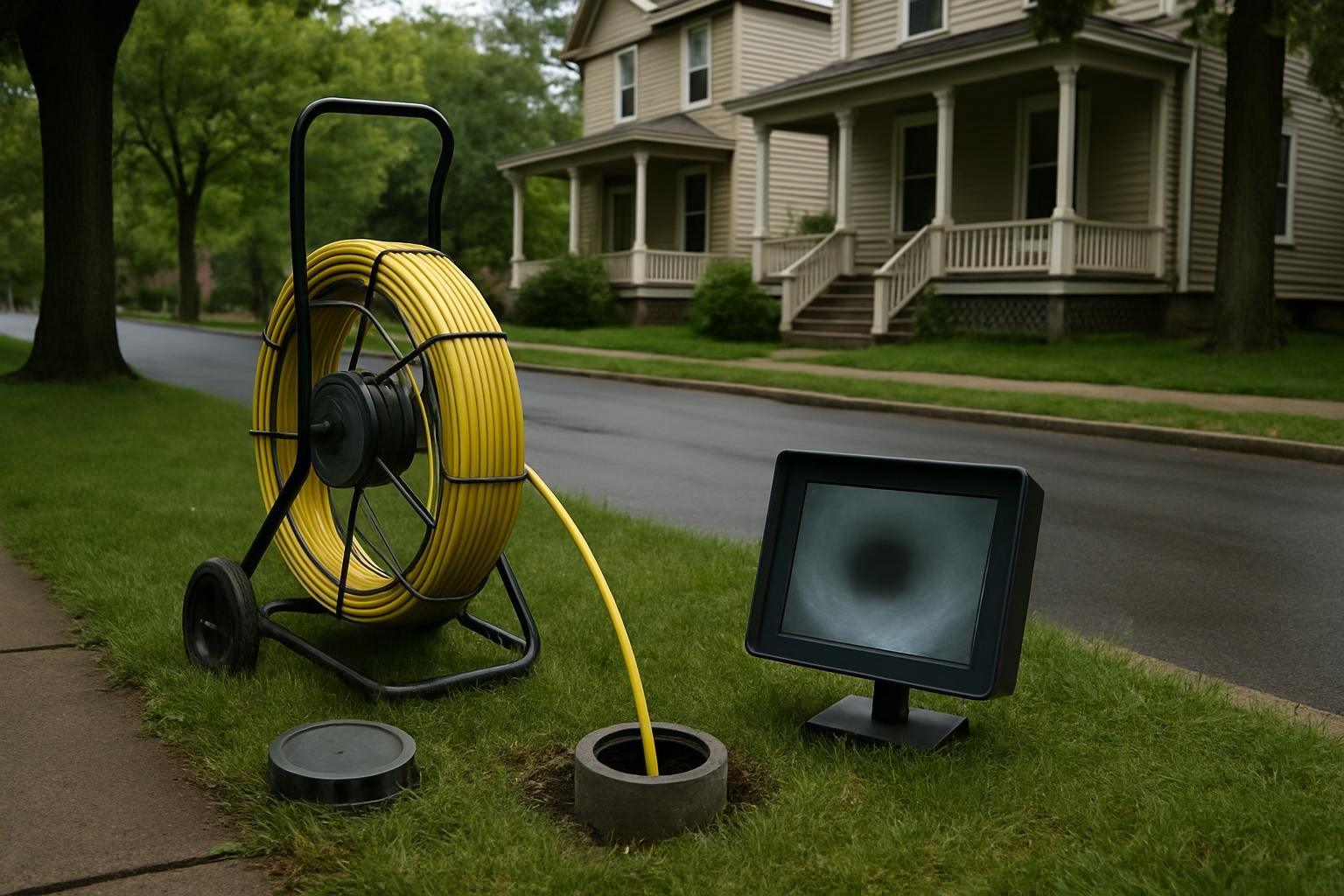 A drain inspection camera reel and monitor set up at an open sewer cleanout in the grass strip between a sidewalk and the curb, with the push rod fed down into the pipe
